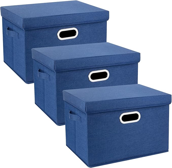 Large Storage Bins with Lids, Collapsible, Washable, Fabric Storage Boxes for Organizing, 17.3x11.8x11.4 inches, 3 Pack, Classic Blue