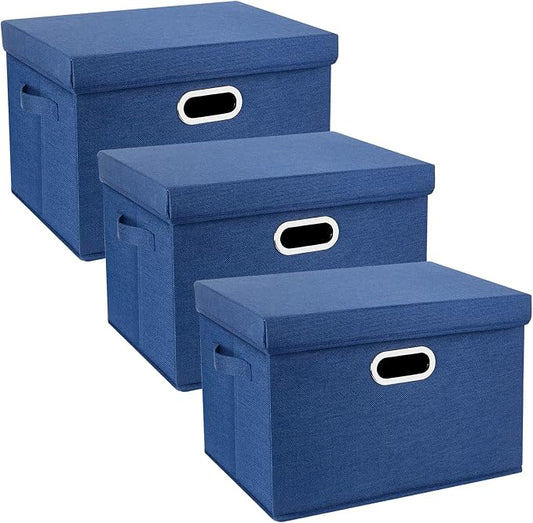 Large Storage Bins with Lids, Collapsible, Washable, Fabric Storage Boxes for Organizing, 17.3x11.8x11.4 inches, 3 Pack, Classic Blue