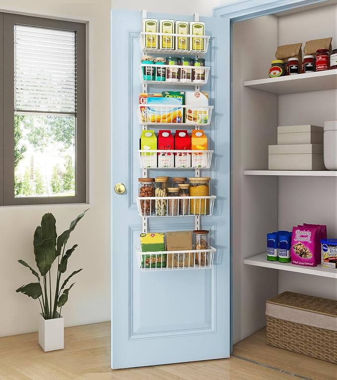 Mefirt 12 Inch Wide Narrow Over The Door Pantry Organizer 6-Tier White | Pantry Hanging Organizers and Storage, Adjustable Heavy-Duty Metal for Home & Kitchen, Back of Door Seasoning Rack