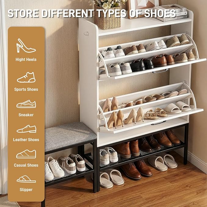 Karl home White Farmhouse Shoe Cabinet, Cushioned Entryway Bench Organizer | Space-Saving Freestanding Shoe Rack Organizer, Versatile Storage Furniture Suitable for Entryway and Living Room