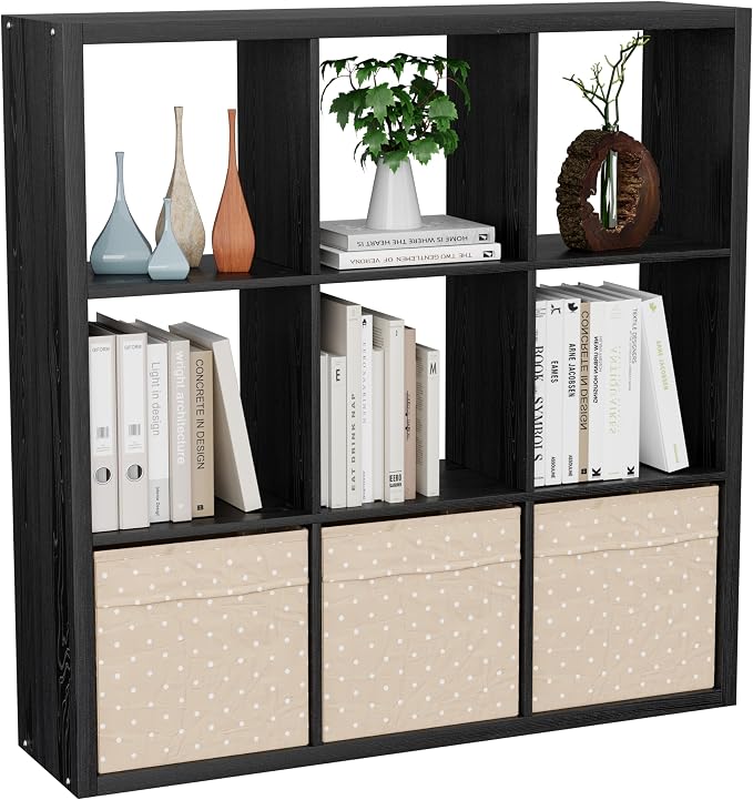 VDNEND Cube Storage Organizer Bookcase, Decorative 11 inch Open Back Cubical Shelf with Thickened Border, Display Bookshelf for Living Room, Home Office, Sturdy Room (Black, 9 Cube)