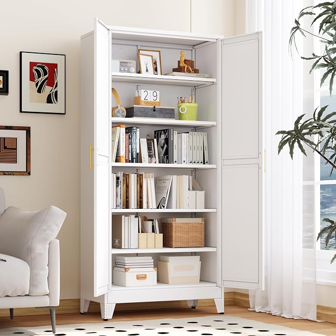 PAOFIN Kitchen Pantry Storage Cabinet with Doors and Adjustable Shelves, Metal ClosetMaid Food Pantry Cabinets, 75" Tall Freestanding Cupboard for Kitchen, Laundry or Utility Room, White