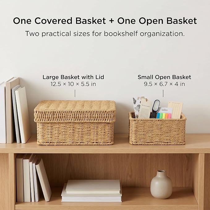 Wicker Storage Basket with Lid for Shelves, Set of 2, Natural | One rectangular wicker basket with lid and one open basket for decorative shelf storage; removable lid flips into a tray.
