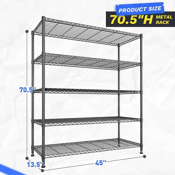 DurayLoly 45"W Heavy Duty 5-Tier 1000LBS Storage Shelves, Adjustable, Black | 13.5"Dx70.5"H, Commercial steel, Rustproof, Leveling feet, Tool-free assembly, For kitchen, pantry, garage, greenhouse