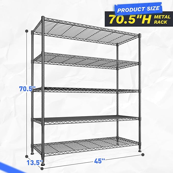 DurayLoly 2 Set of 45 W Storage Shelves 5 Tier Wire Shelving Unit Adjustable Metal Shelving Wire Shelf Pantry Shelves Wire Commercial Rack for Closet Kitchen Pantry Garage 45" Wx 13.5" Dx70.5 H Black