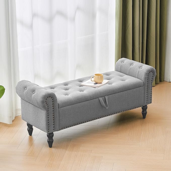 Furnimart Storage Ottoman Bench for Queen Size Bed, Faux Linen Upholstered Storage Bench Accent Bench with Rolled Arms for Bedroom,Living Room, Entryway, 2.5Cubic Feet