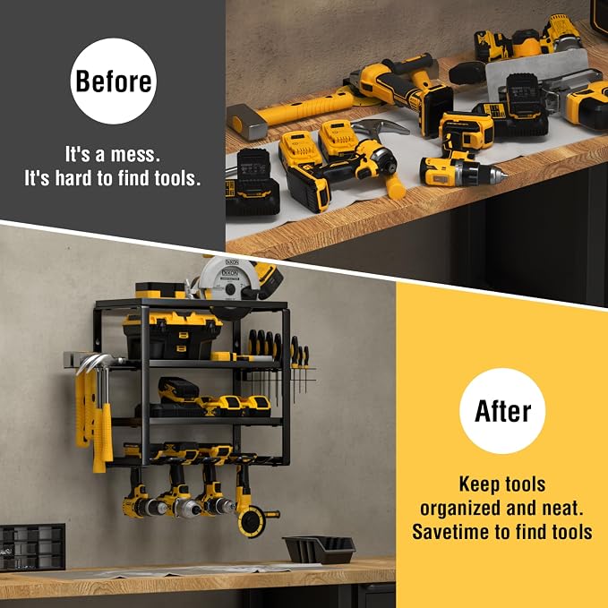 YYR 4 Layer Power Tool Organizer Wall Mount, Cordless Drill Hanger Storage Rack, Battery Tools Holder with Charging Station Shelf for Garage Organization, Workshop, Pegboard, Shed - 16 Inch 4 Slots