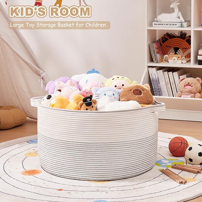 OIASKET Large Blanket Basket with Handles, 22.8" x 22.8" x 13" Woven Storage Basket for Living Room, Cotton Rope Baby Toy Storage for Clothes, Pillows, Towels-Black and White