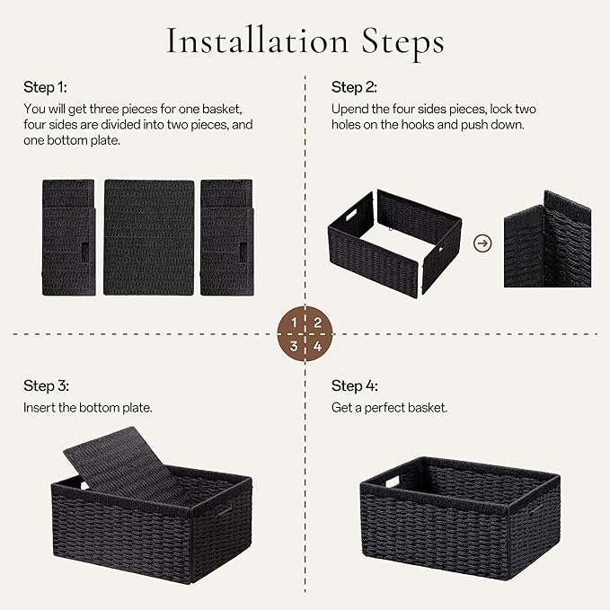 UBBCARE 2 Pack Wicker Basket, 13.4L×8.3H×7.1W inch Woven Paper Rope Storage Baskets for Shelves, Foldable Rectangular Storage Baskets with Handle, Storage Basket for Organizing, Black