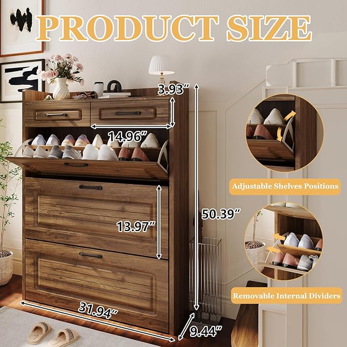 ODUWA Shoe Cabinet with 3 Flip Drawers and 2 Storage Drawers, Shoes Organizer Cabinets with Adjustable Divider, Hidden Shoe Rack Shoe Storage Cabinet for Entryway, Hallway, Walnut