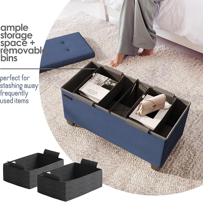 Storage Ottoman Bench with Bins, 30-in Storage Bench for Bedroom End of Bed, Folding Foot Rest Ottoman for Living Room Max 660lbs, Fabric Ottomans, Blue