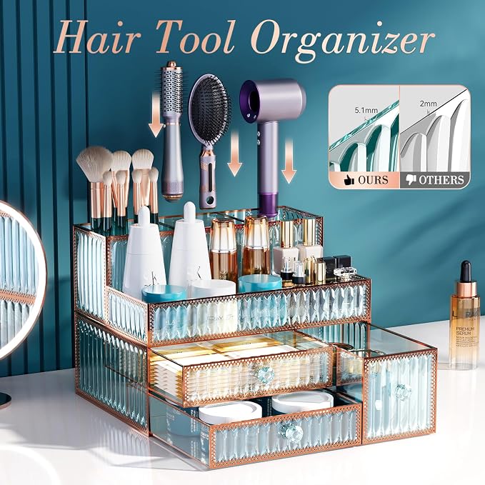 Youdepot Makeup Organizer Countertop - Tempered Glass Vanity Organizer for Cosmetics, Skincare, Hair Tools, Brushes, Perfume - Multipurpose Bathroom Counter Skincare Organizer | Vanity Organizer for Cosmetics, Skincare, Hair Tools, Brushes, Perfume, Mu...
