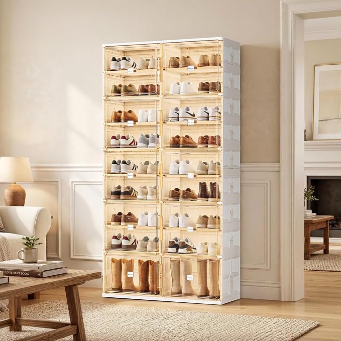 JEKO&JEKO 9 Tiers Foldable Boot and Shoe Storage Rack Cabinet for Closet Entryway, Large Collapsible Shoe Organizer with Magnetic Doors (White)