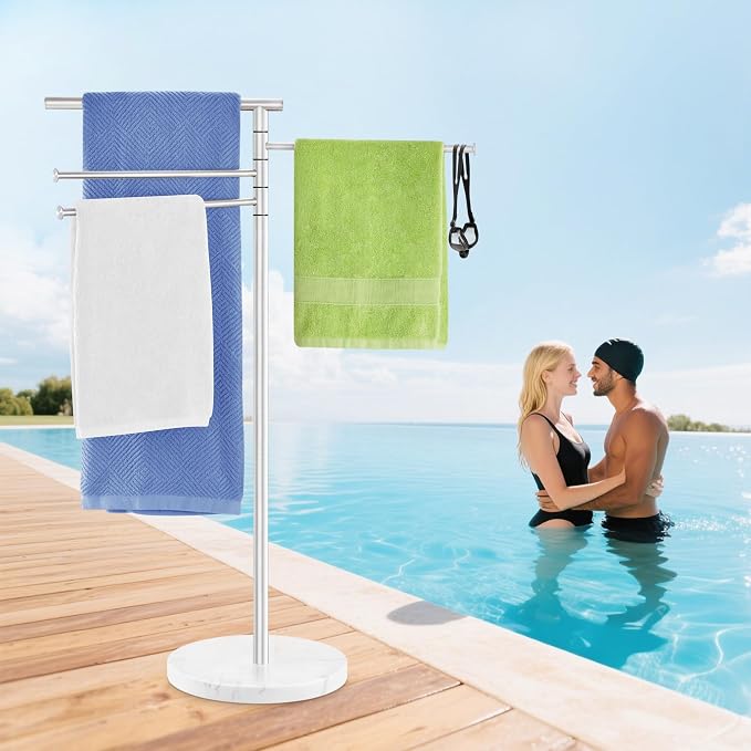 Standing Towel Rack, Stainless Steel Towel Racks for Bathroom with Weighted Marble Base, 4 Swivel Towel Arms Freestanding Outdoor Towel Holder Stand for Pool, Brushed Nickel