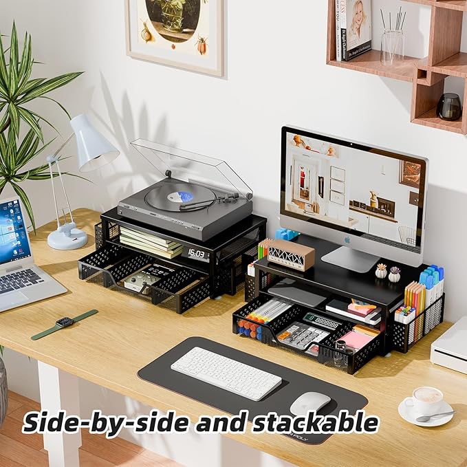 Simple Trending 2-Tier Monitor Stand Riser, Desk Organizer, Drawer, Black | Laptop & Printer Stand, Desktop Organizer, Drawer & 2 Pen Holders, Sturdy Material, for Home Office, 16"W x 10"D x 5.8"H