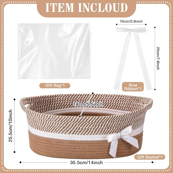 Colingmill 1 Set Woven Empty Basket for Gift,Khaki White | with Cellophane Wrap Set, 14 x 10 x 5.5 Inch, Medium Decorative Gift Basket, Cotton Rope Storage Box, Home Decor