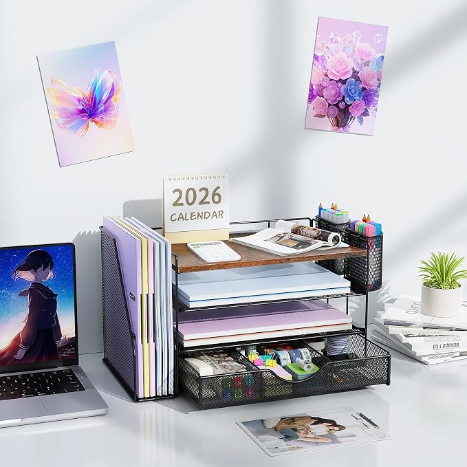 gianotter Desk Organizers and Accessories with File Holder, 4-Tier Desk Accessories & Workspace Organizers with Drawer and 2 Pen Holder, Paper Organizer for Office Supplies (Wood)