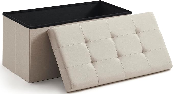 Ornavo Home 30 Inch Folding Storage Ottoman Bench, Tufted Linen, Beige | Upholstered Large Ottoman with Lid; Foot Rest Stool; Ideal for Bedroom, Living Room or Entryway