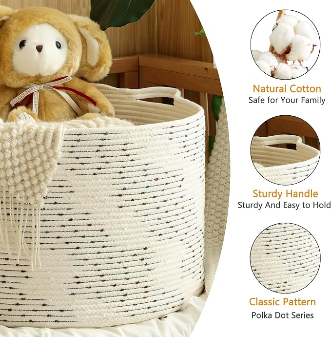KAKAMAY Large Blanket Basket (20"x13"),Woven Baskets for storage Baby Laundry Hamper，Cotton Rope Blanket Basket for Living Room, Laundry, Nursery, Pillows, Off White with Blue & Brown Dotted Pattern | Extra Large Capacity | Natural Cotton Rope | Blanke...