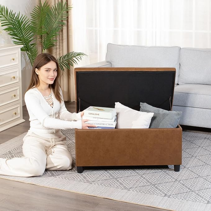 Joveco Storage Ottoman Bench, 32 Inches Faux Leather Rectangle Tufted Foot Stool for End Foot of Bed, Bedroom, Living Room,Warm Golden Brown