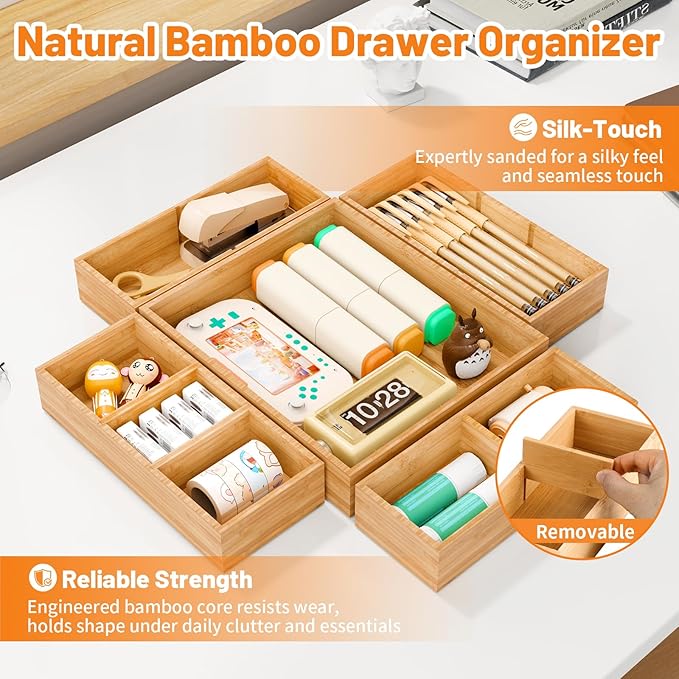 Bamboo Drawer Organizer, 5-Piece Stackable Trays with Removable Dividers | Junk drawer organizer, assorted tray sizes, 5-11 customizable compartments, nestable, kitchen utensils, bathroom, office