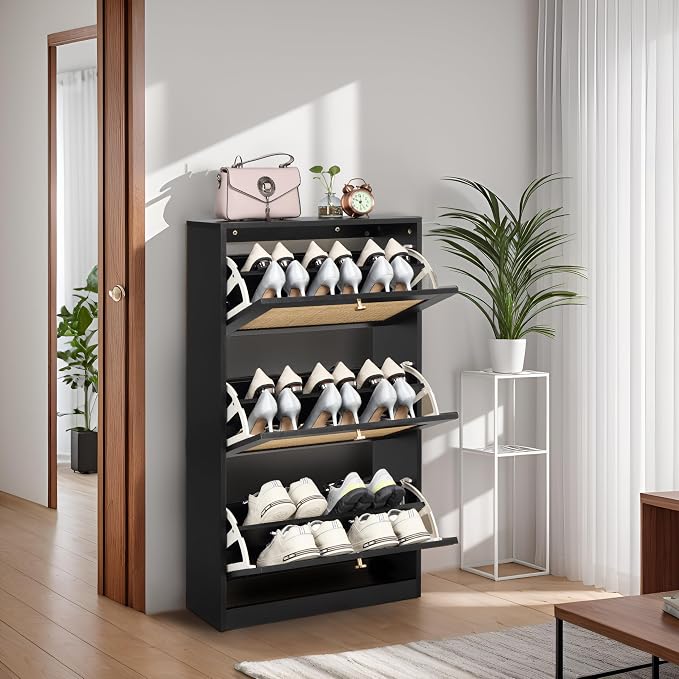 Finnhomy 3 Tier Shoe Cabinet with Natural Rattan Flip Drawers for Entryway, Free Standing Slim Shoe Storage Organizer with Large Top Board, Shoe Cabinet with Adjustable Width Drawers, Black