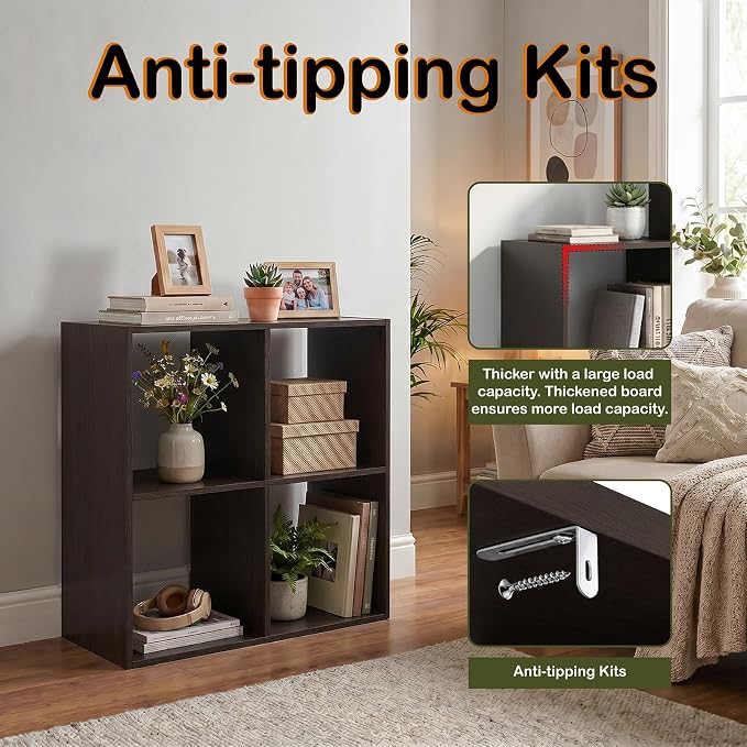 WannabeMyself【Sturdy Build&Easy Assembly】4 Cube Storage Organizer with Anti-Tipping Kits,Reversible Open Back Book Shelf, Bookcase for Living Room,Bedroom,Entrance Hall,Office,24.1×11.4×24.1,Chocolate