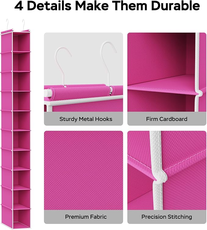 MAX Houser 10 Tier Slim Hanging Shoe Organizer, Narrow Closet Hanging Storage Shelf, Pink