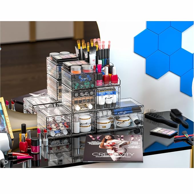 Acrylic Clear Make up Organizers And Storage for Vanity,Bathroom Skincare Organizer With 12 Drawer for Dresser,Plastic Desk Accessories Organization,Cosmetic Organizer Countertop for Beauty,Skin Care