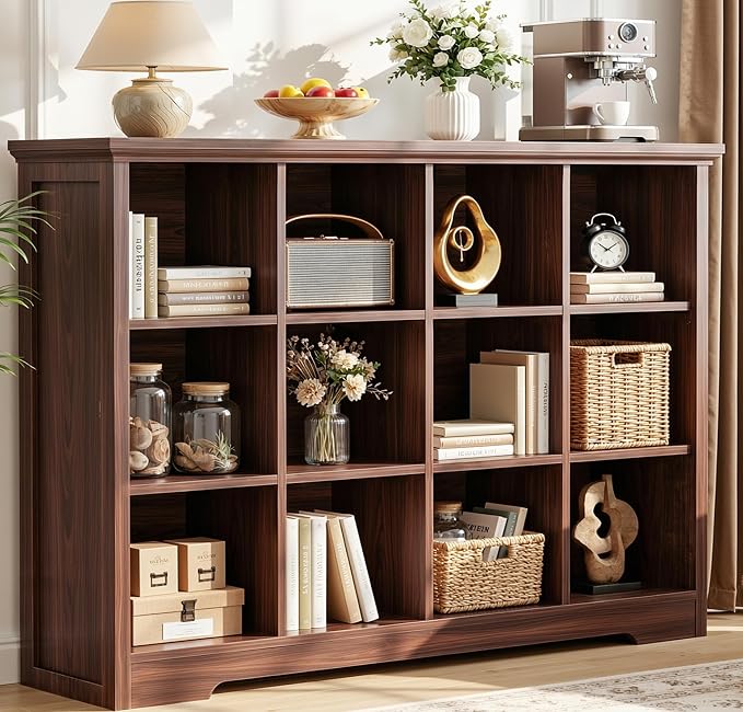 Aheaplus Wooden 12-Cube Storage Organizer with Charging Ports, Modern Cube Bookcase with Base, 4-Tier Floor Standing Open Cubbies Bookshelf, Cubicle Display Shelf for Home and Office, Black Walnut
