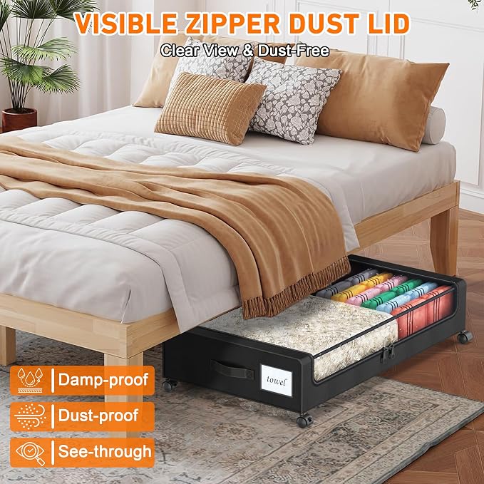 Under Bed Storage with Wheels, 2 Pack Under Bed Storage Containers with Clear Lids, XXL 65L Under Bed Storage Organizer, Rolling Under Bed Metal Drawer for Blanket, Clothes, Shoes (31 x 17 x 6.69 in)