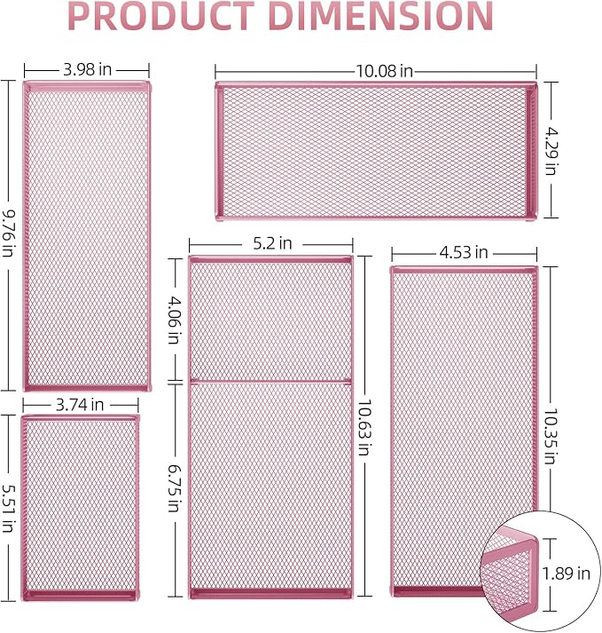 Marbrasse 5 Pack Desk Drawer Organizer Set, Mesh Drawer Storage Trays with 1 Adjustable Divider, Desk Organizers and Accessories, 5 PCS Drawer for Office Supplies, Makeup & Vanity (Pink)