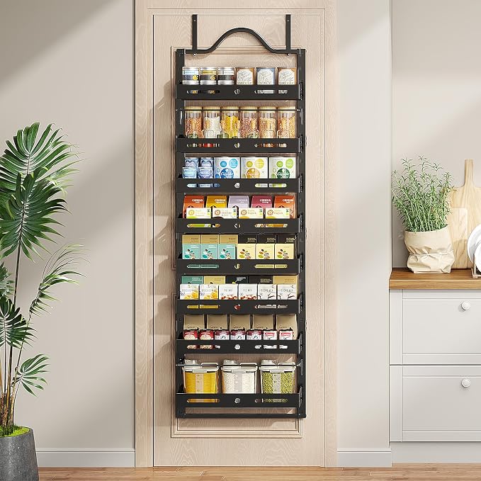 8-Tier Pantry Door Organizer, Large 2 IN 1 Wall Mount or Over The Door Pantry Organizer, Pantry Door Spice Rack with Adjustable Baskets, Over Door Organizer for Kitchen,（72.6×17.1×5.1in,Black)