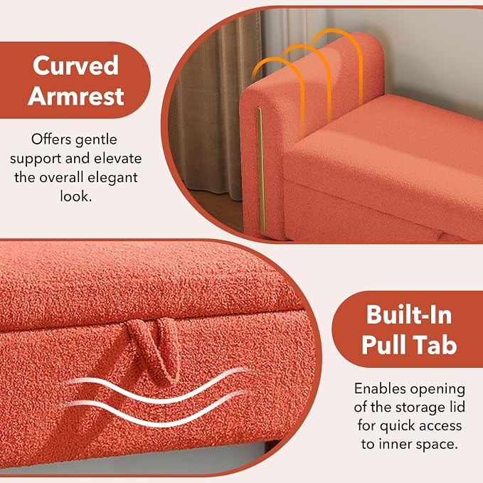 52" Flip-Top Storage Ottoman Bench, Teddy Entryway Bench (Orange) | Teddy Fleece Upholstered End of Bed Bench with Armrests, Soft Padded Window Bench for Living Room Bedroom Entryway