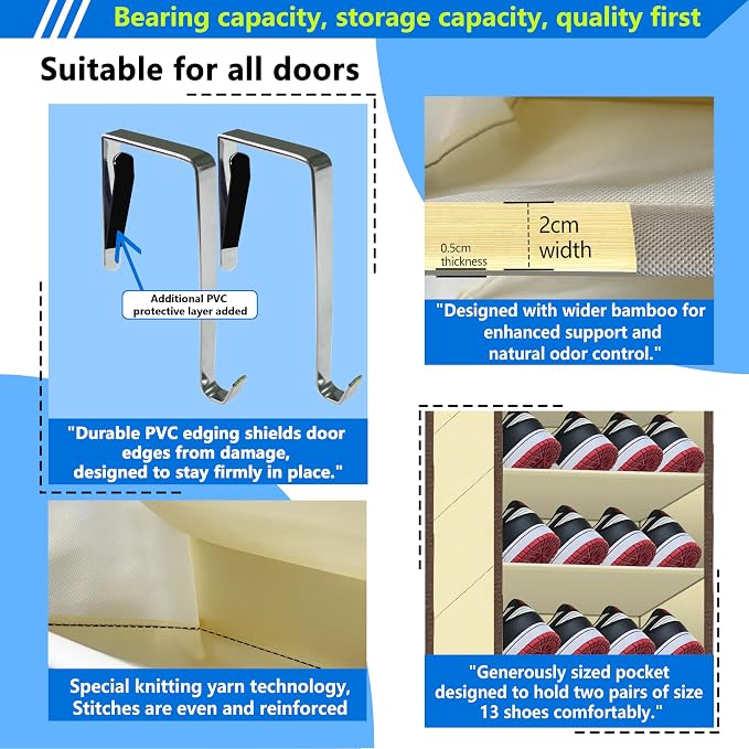 Over the Door Shoe Organizer, 20 to 30 Pairs Hanging Shoe Holder, Heavy Duty Extra Deep Pockets Shoe Storage for Closet, Anti-Scratch Hooks & FSC-Certified Bamboo - Beige