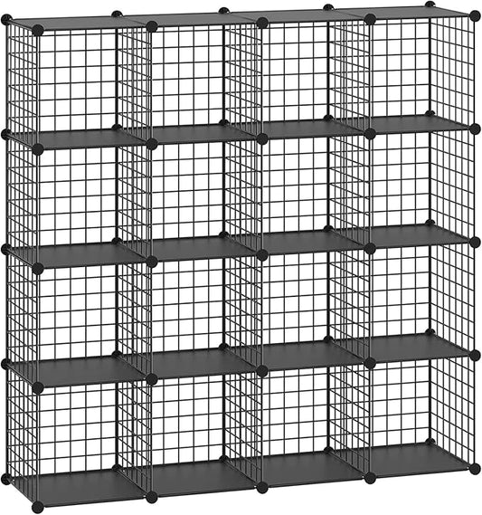 HUBSON Wire Cube Organizer, Book/Toy/Craft/Potted Plants and Pet Closet Organizers, 16-Cube Freely Combinable Metal Grids Storage Shelf, Black Plus Iron