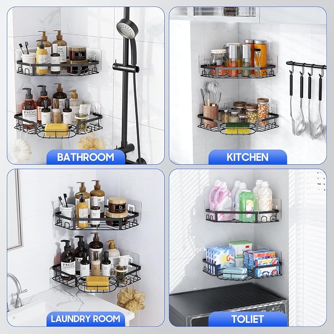 Corner Shower Caddy, Rustproof Shower Organizer with Soap Holder and 8 Hooks, No Drilling Adhesive Shower Shelves for Inside Shower, Large Capacity Shower Rack for Bathroom Shower Storage, Black