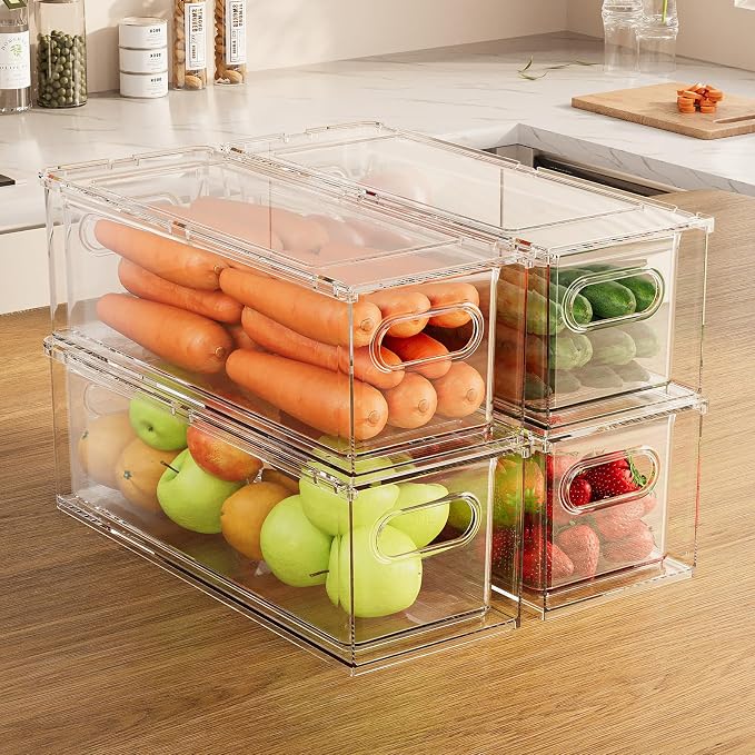 Refrigerator Organizer Bins with Pull-out Drawer 6 Pack Stackable Clear Fridge Drawer Organizer Fruit Vegetable Storage Containers for Kitchen Pantry Organization (2 Small)