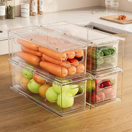 Refrigerator Organizer Bins with Pull-out Drawer 6 Pack Stackable Clear Fridge Drawer Organizer Fruit Vegetable Storage Containers for Kitchen Pantry Organization (2 Small)