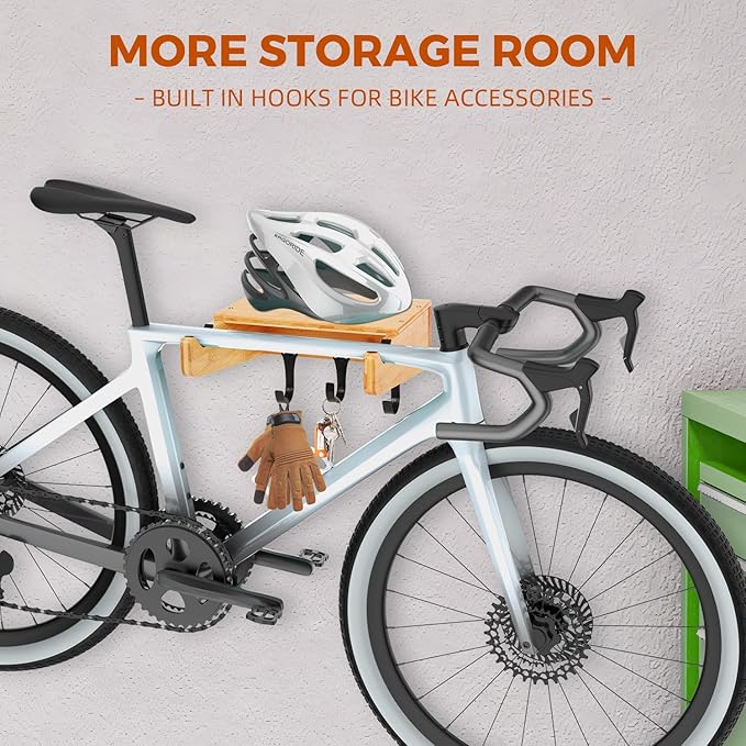 Bike Wall Mount - Indoor Bicycle Rack | Bamboo Bike Rack Storage with Detachable Hangers, Easy to Assemble