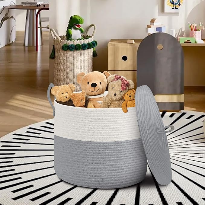 18" X 14" Large Wicker Basket with Lid, Blanket Basket Living Room, Woven Cotton Rope Storage Bin, Kids Dog Toy Storage Bin Box, Tall Laundry Hamper, Blankets Pillows Organizer Holder