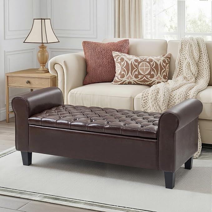 55" Storage Ottoman Bench for Living Room, End of Bed Bench with Rolled Arm Leather Ottoman with Storage Upholstered Entryway Bench Retro Style Footboard Bench for Bedroom, Brown