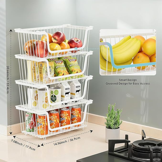 GAOKASE 4 Pcs Stackable Wire Baskets for Pantry Organizers and Storage, | Vegetable Fruit Basket for Countertop,Kitchen Storage Metal Baskets,Produce Potato Onion Storage Bin,White
