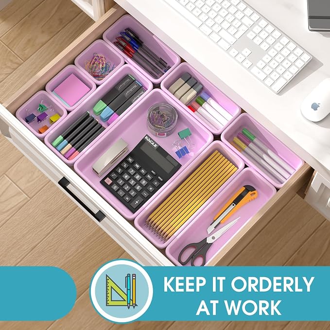 16 PCS Drawer Organizer Set, 4 Size Makeup Drawer Divider Organizer With Non-Slip Pads, Interlocking Plastic Storage Bins for Office,Jewelry Vanity,Gadgets, Bathroom,Kitchen, Purple