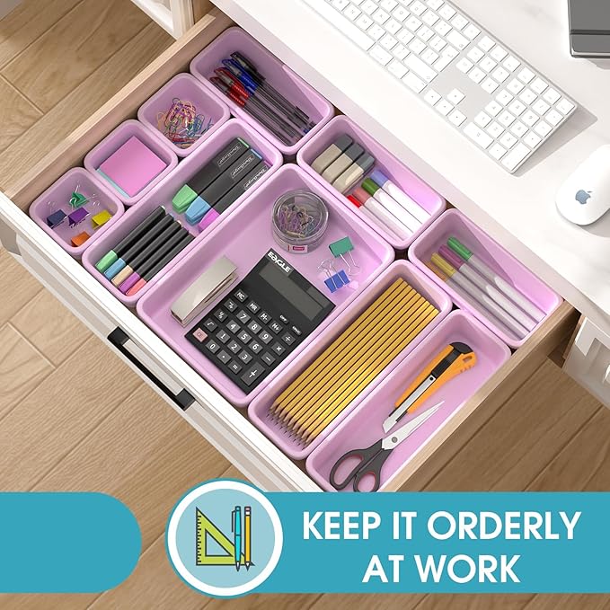 25 PCS Drawer Organizer Set, 4 Size Makeup Drawer Divider Organizer With Non-Slip Pads, Interlocking Plastic Storage Bins for Office,Jewelry Vanity,Gadgets, Bathroom,Kitchen, Purple