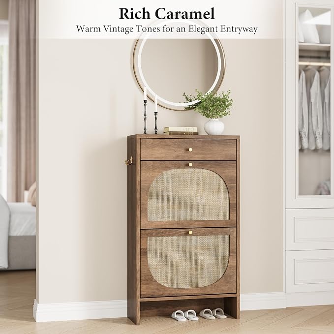 Nicetree Shoe Cabinet for Entryway, Slim Shoe Rack with 2 Flip Drawers and Top Storage Drawer, Narrow Shoe Organizer with Printed Rattan-Look Design, Entryway Shoe Storage for Size 12 Shoes, Caramel