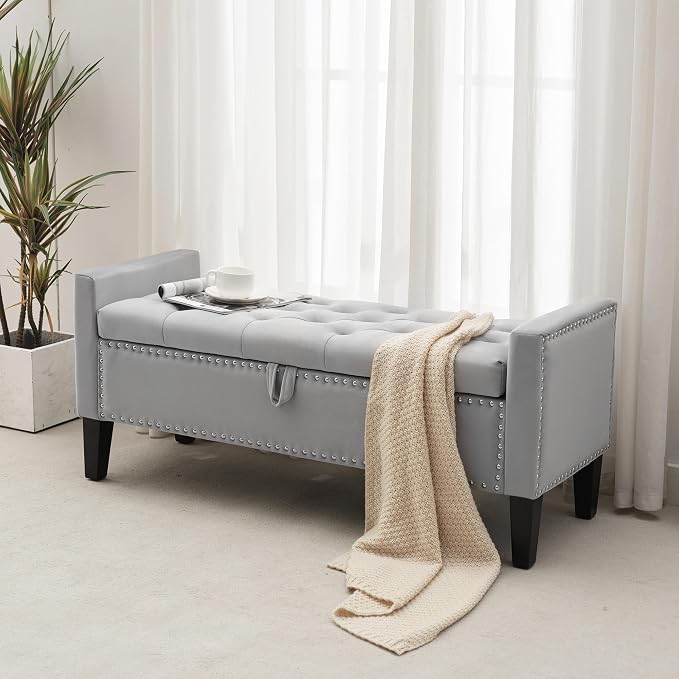 Storage Ottoman Bench, Velvet Upholstered Footstool for Bedroom and Living Room, Tufted Seat with Storage, Wooden Legs & Metal Rivets, Grey