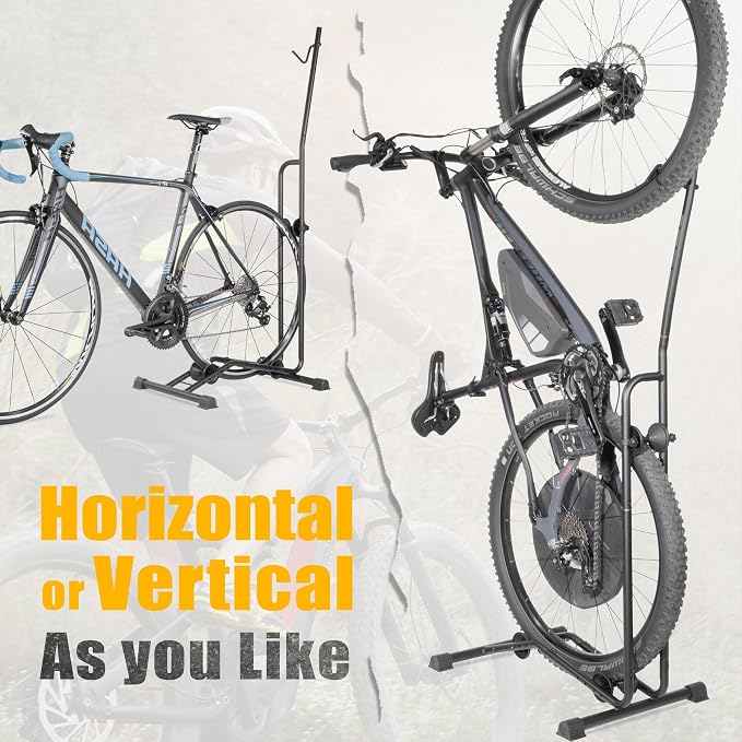 CyclingDeal Upright Bike Stand - Premium Quality Vertical & Horizontal Adjustable Bicycle Floor Parking Rack - for Storing MTB Road Bikes - up to 29” Wheel Size - for E Bike - 1 Bike