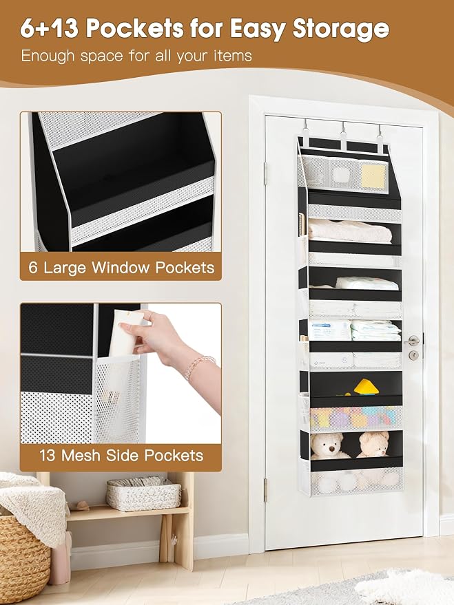 Criusia Over the Door Organizer, Heavy-Duty 6-Shelf Hanging Storage with 13 Mesh Pockets, 55lbs Capacity Behind the Door Storage for Nursery, Bathroom, Bedroom, and Dorm, Black