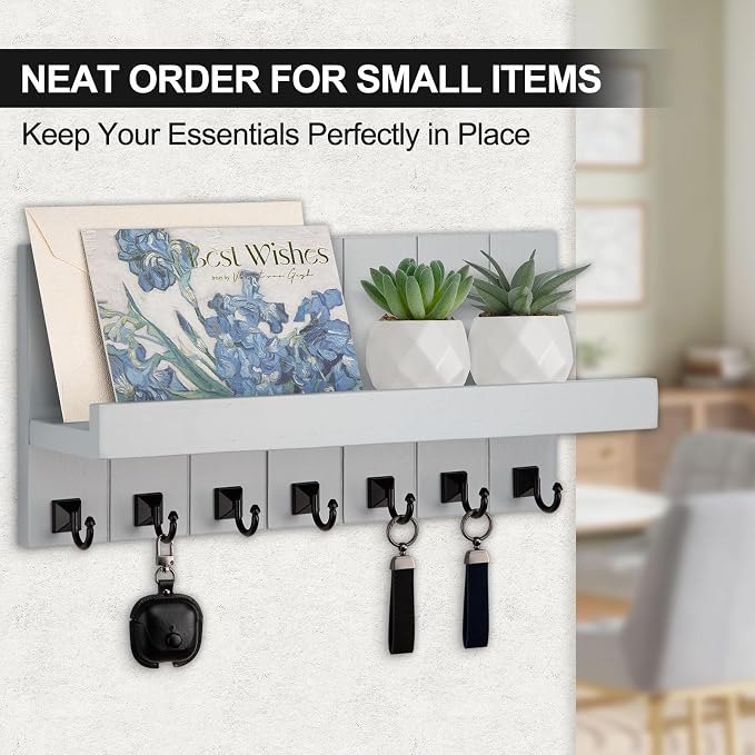 Key Holder for Wall, Decorative Key Holder with Shelf, Key and Mail Holder Wall Mount, Farmhouse Decor with 7 Key Hooks for Keys, Coats, ect.
